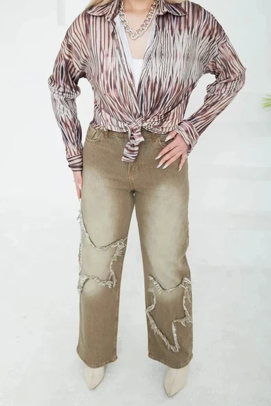 Kadın Yüksel Bel Püskül Detaylı Palazzo Jean Kot Pantolon