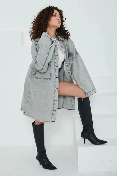 Düz Gömlek Yaka Kadın Gri Kuş Gözü Cepli Kot Ceket - 2