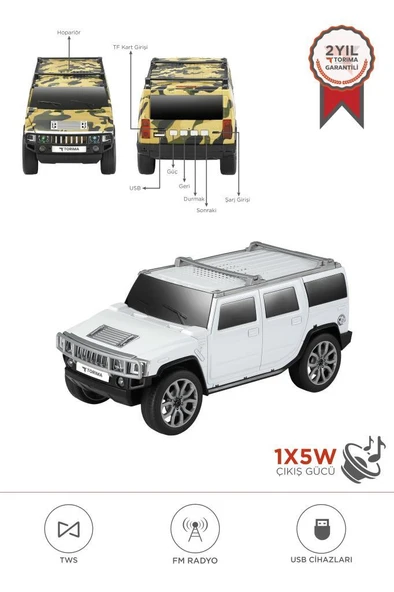 Torima D-48 Beyaz Araba Tasarım USB/TWS/FM Bluetooth Hoparlör Speaker ürün görseli