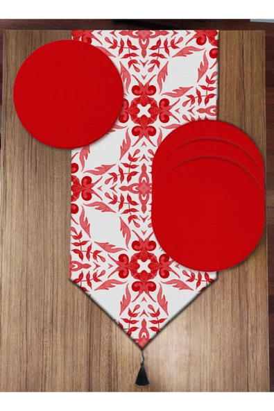 Pusula Home Kırmızı Vintage Damask 6'lı Supla Ve Runner Set