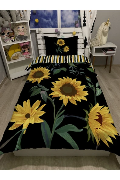 yok yok evim eve dair her şey Ayçiçeği Desenli 3d Dijital Baskılı Tek Kişilik Nevresim Takımı