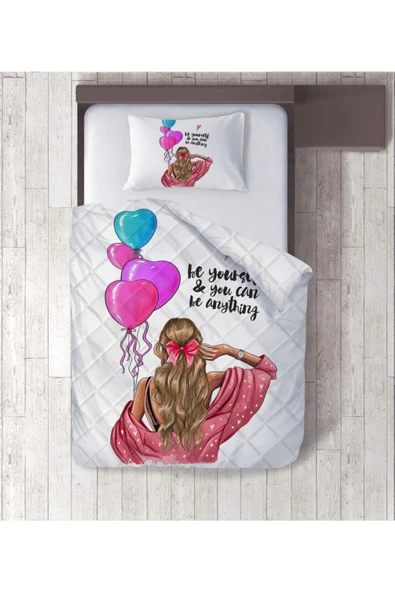 yok yok evim eve dair her şey Balonlu Kız Dijital Baskılı Tek Kişilik Yorgan Set