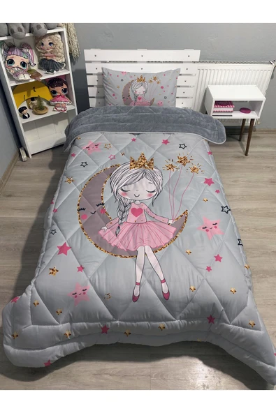 yok yok evim eve dair her şey Welsoft Pofuduk Çift Taraflı PEMBE AYDA OTURAN KIZ Desenli Tek Kişilik Yorgan Uyku Seti - 3