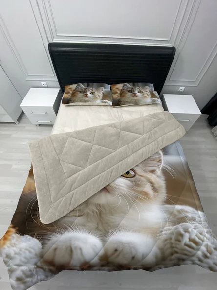 Pusula Home Welsoft Pofuduk Çift Taraflı SEVİMLİ KEDİ Desenli Çift Kişilik Yorgan Uyku Seti - Resim 2