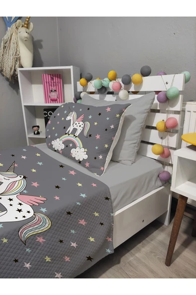 yok yok evim eve dair her şey 4 Parça UNİCORN Desenli Lastikli Çarşaflı Tek Kişilik PİKE Yatak Örtüsü Takımı - 2