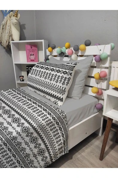 yok yok evim eve dair her şey 4 Parça GEOMETRİ Desenli Lastikli Çarşaflı Tek Kişilik PİKE Yatak Örtüsü Takımı - 3