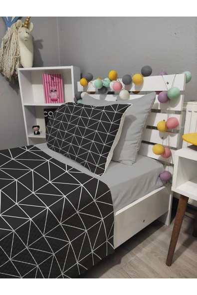yok yok evim eve dair her şey 4 Parça GEOMETRİ Desenli Lastikli Çarşaflı Tek Kişilik PİKE Yatak Örtüsü Takımı - 4