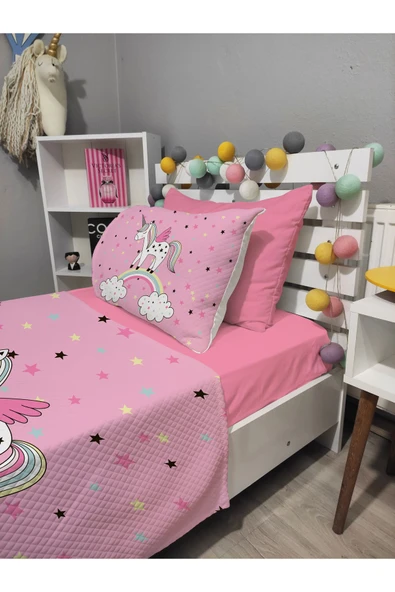 yok yok evim eve dair her şey 4 Parça UNİCORN Desenli Lastikli Çarşaflı Tek Kişilik PİKE Yatak Örtüsü Takımı
