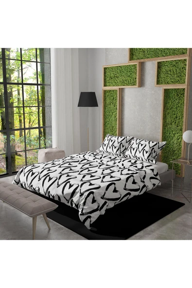 Pusula Home Zemin Siyah 80 Tel Özel Dokuma Çift Kişilik Kalpli Nevresim Seti - 4