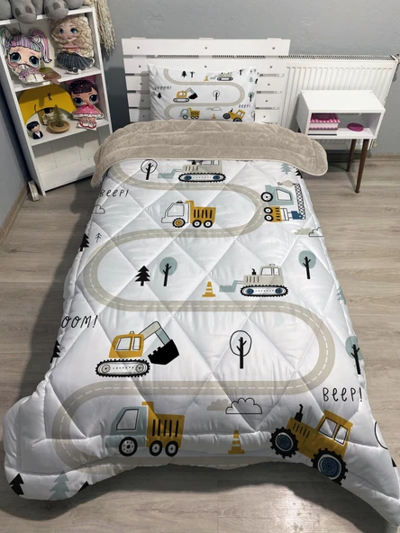 Pusula Home Welsoft Pofuduk Çift Taraflı KEPÇE İŞ MAKİNALARI Desenli Tek Kişilik Yorgan Uyku Seti ürün görseli