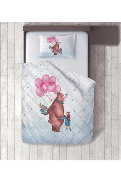 yok yok evim eve dair her şey Balon Ve Hediye Veren Ayı Dijital Baskılı Tek Kişilik Yorgan Set