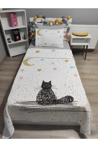 yok yok evim eve dair her şey 4 Parça KEDİ Desenli Lastikli Çarşaflı Tek Kişilik PİKE Yatak Örtüsü Takımı - 2