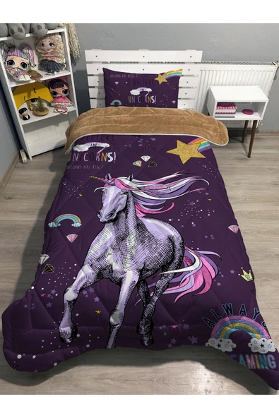 yok yok evim eve dair her şey Welsoft Pofuduk Çift Taraflı Mor Unicorn Desenli Tek Kişilik Yorgan Uyku Seti