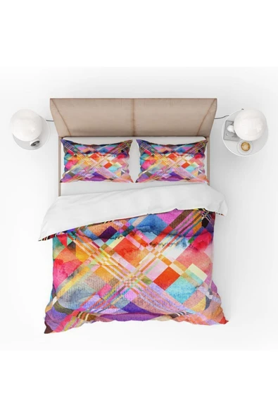 yok yok evim eve dair her şey Renkli Geometri Desenli 3d Dijital Baskılı Nevresim Takımı