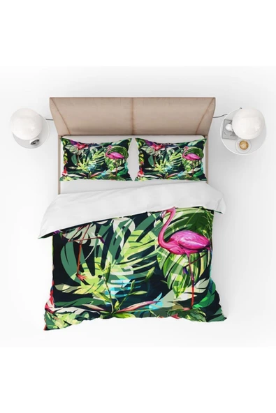 yok yok evim eve dair her şey Tropikal Yapraklı Flamingo 3d Desenli Dijital Baskılı Nevresim Takımı