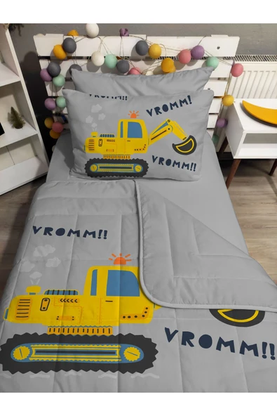 yok yok evim eve dair her şey KAPİTONE silikon elyaf dolgulu KEPÇE İŞ MAKİNA 4 PARÇA Tek kişilik yatak örtü lastikli çarşaf takımı - 3