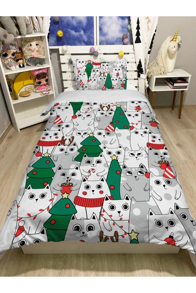 yok yok evim eve dair her şey ÇARŞAFLI Yılbaşı Temalı Noel Desenli Tek Kişilik Nevresim Takımı - 2