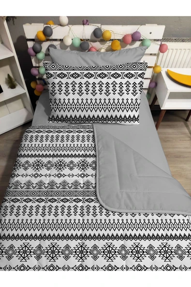 yok yok evim eve dair her şey KAPİTONE silikon elyaf dolgulu GEOMETRİK DESEN 4 PARÇA Tek kişilik yatak örtü lastikli çarşaf takımı - 4