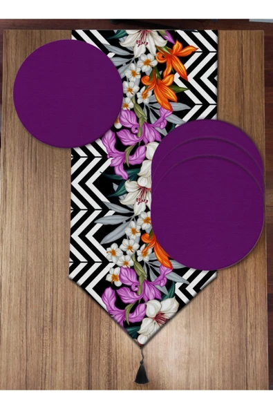 Pusula Home Zikzak ve Keribar Çiçeği Desenli 6'lı Supla Runner Set