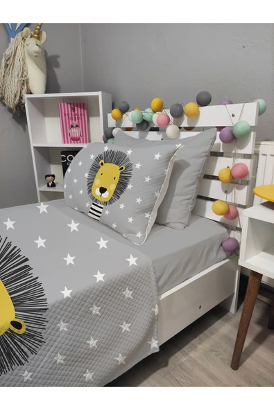 yok yok evim eve dair her şey 4 Parça SEVİMLİ ASLAN Desenli Lastikli Çarşaflı Tek Kişilik PİKE Yatak Örtüsü Takımı - 2