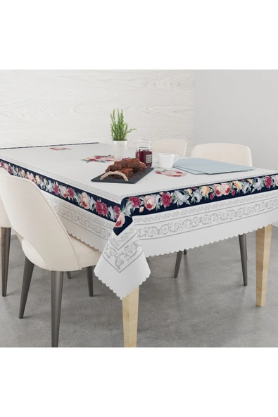 yok yok evim eve dair her şey Çiçekli Lacivert Şeritli  Desenli Masa Örrtüsü
