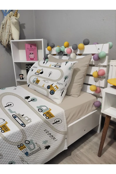 yok yok evim eve dair her şey 4 Parça KEPÇE İŞ MAKİNALARI Desenli Lastikli Çarşaflı Tek Kişilik PİKE Yatak Örtüsü Takımı - 3
