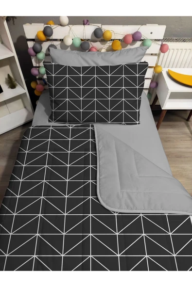 yok yok evim eve dair her şey KAPİTONE silikon elyaf dolgulu GEOMETRİK DESEN 4 PARÇA Tek kişilik yatak örtü lastikli çarşaf takımı - 3