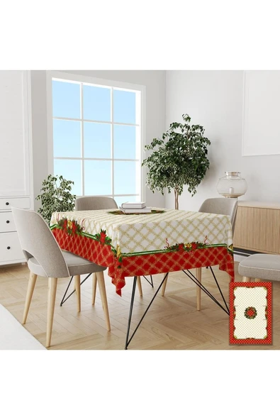 yok yok evim eve dair her şey Yılbaşı Çelenk Ve Süs Desenli Kolay Temizlenebilir Leke Tutmaz Dertsiz Masa Örtüsü ürün görseli