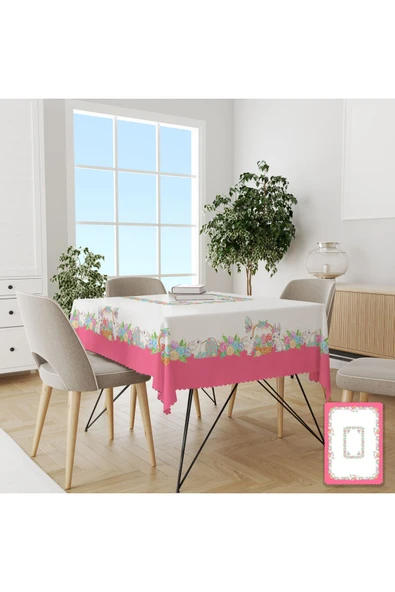 yok yok evim eve dair her şey PASKALYA Temalı Pembe Bordürlü Tavşanlı Desenli Baskılı Dekoratif Dertsiz Masa Örtüsü