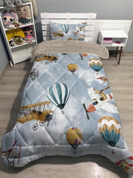 Pusula Home Welsoft Pofuduk Çift Taraflı UÇAKLLAR VE BALONLAR Desenli Tek Kişilik Yorgan Uyku Seti ürün görseli 1