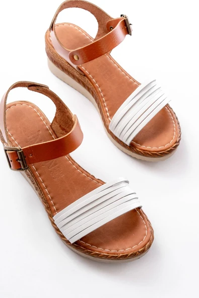 731-07 Beyaz Ortopedik Hakiki Deri Dolgu Kadın Sandalet - 4