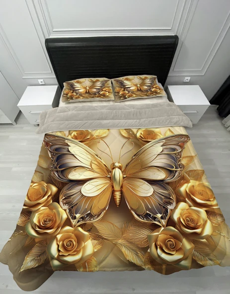 Pusula Home Welsoft Pofuduk Çift Taraflı GOLD KELEBEK Desenli Çift Kişilik Yorgan Uyku Seti ürün görseli 1