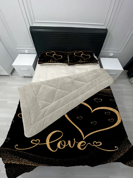 Pusula Home Welsoft Pofuduk Çift Taraflı LOVE KALPLİ Desenli Çift Kişilik Yorgan Uyku Seti - Resim 2