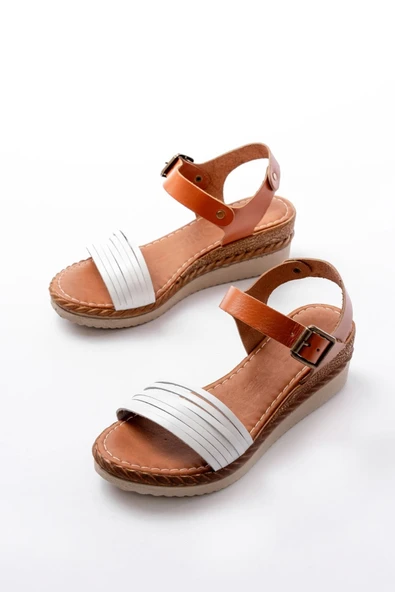 731-07 Beyaz Ortopedik Hakiki Deri Dolgu Kadın Sandalet - 3