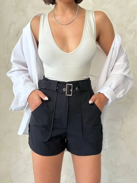 Kemer detaylı gabardin şort siyah s25289 - 5