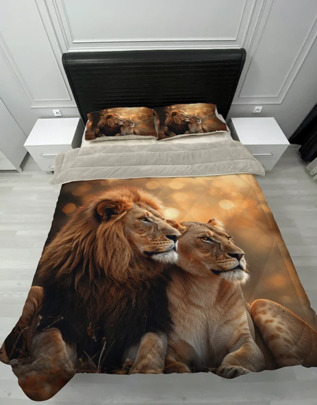Pusula Home Welsoft Pofuduk Çift Taraflı ASLANLAR  Desenli Çift Kişilik Yorgan Uyku Seti ürün görseli 1