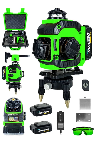 Dragro Profesyonel 4 Köşe 4 x 360 16 Satır Yeşil Çizgi Lazer Hizalama Şarjlı Çift Akülü
