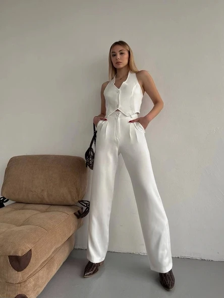 Palazzo pantolon beyaz s23211 - Resim 4