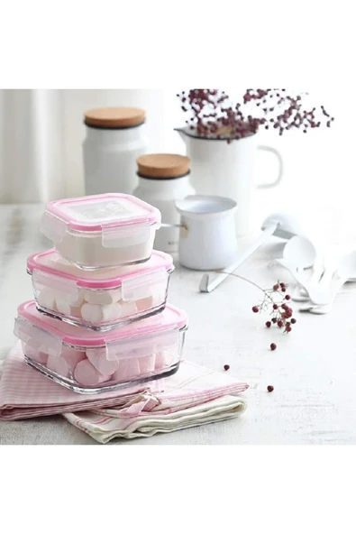 LAV Feyzade Fresco Kilitli Cam Saklama Kabı Seti PEMBE Kapak 4 Adet (1150CC-720CC-400CC-375CC) - Resim 3