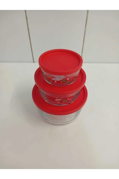 LAV Feyzade Round Saklama Kabı 3'lü Set (1490CC-800CC-380CC) Çiçek Desenli Kırmızı Kapaklı - Resim 2