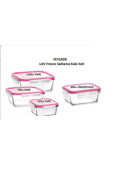 LAV Feyzade Fresco Kilitli Cam Saklama Kabı Seti PEMBE Kapak 4 Adet (1150CC-720CC-400CC-375CC) ürün görseli