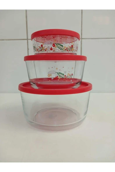 LAV Feyzade Round Saklama Kabı 3'lü Set (1490CC-800CC-380CC) Çiçek Desenli Kırmızı Kapaklı ürün görseli