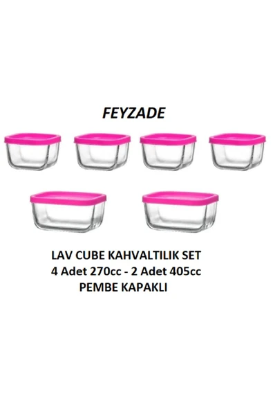 LAV FEYZADE CUBE Kahvaltılık Saklama Kabı Seti PEMBE KAPAKLI (2 Adet 405cc - 4 Adet 270cc)