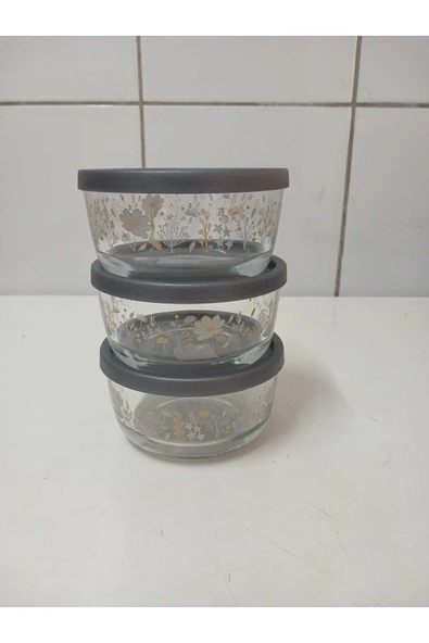 LAV Feyzade Round 3adet Çiçek Desenli Antrasit Kapaklı 380cc Saklama Kabı - Resim 3