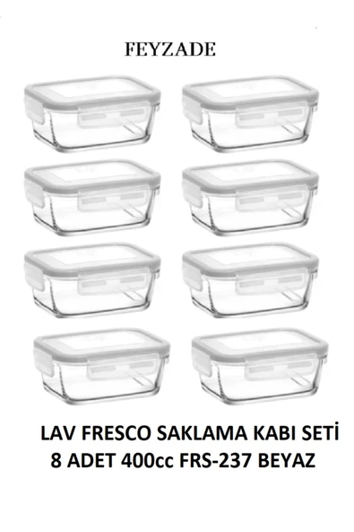 LAV Fresco Kilitli Cam Saklama Kabı 8 Parça 400cc (FRS-237) Beyaz Kapaklı ürün görseli