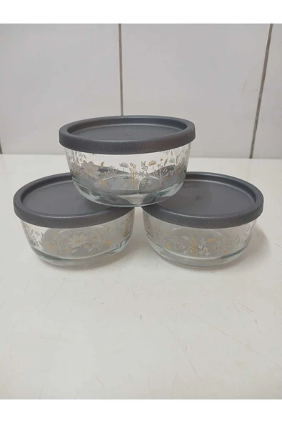 LAV Feyzade Round 3adet Çiçek Desenli Antrasit Kapaklı 380cc Saklama Kabı ürün görseli