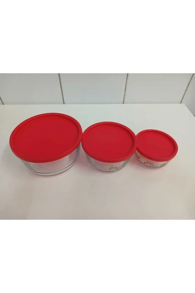 LAV Feyzade Round Saklama Kabı 3'lü Set (1490CC-800CC-380CC) Çiçek Desenli Kırmızı Kapaklı - Resim 4