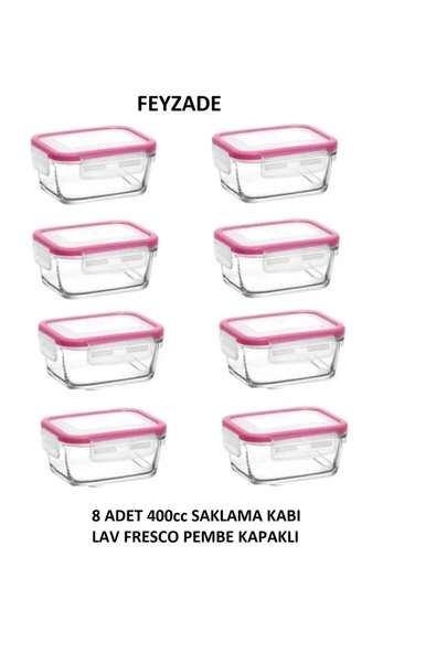LAV FEYZADE FRESCO Kahvaltılık Saklama Kabı Seti 8 adet 400cc PEMBE KAPAKLI DİKDÖRTGEN (FRS-237) ürün görseli