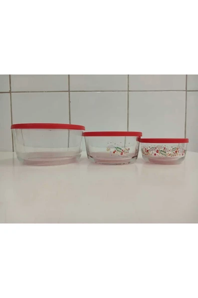 LAV Feyzade Round Saklama Kabı 3'lü Set (1490CC-800CC-380CC) Çiçek Desenli Kırmızı Kapaklı - Resim 3