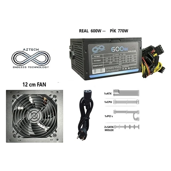 AZTECH Atx 600 600W 12 cm Fan Atx Power Supply ürün görseli 1